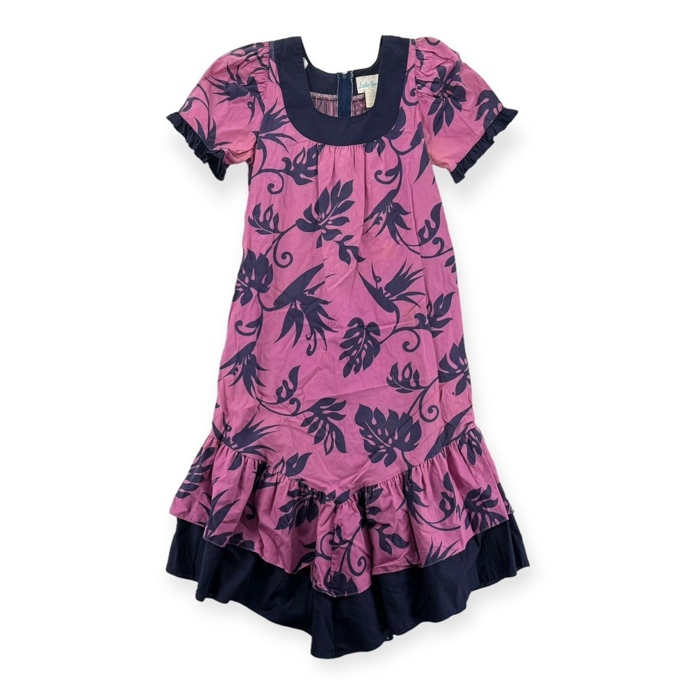 Vintage Lucky You Hawaiian Dress Womens Small Pink Navy Floral Ruffle Midi Aloha